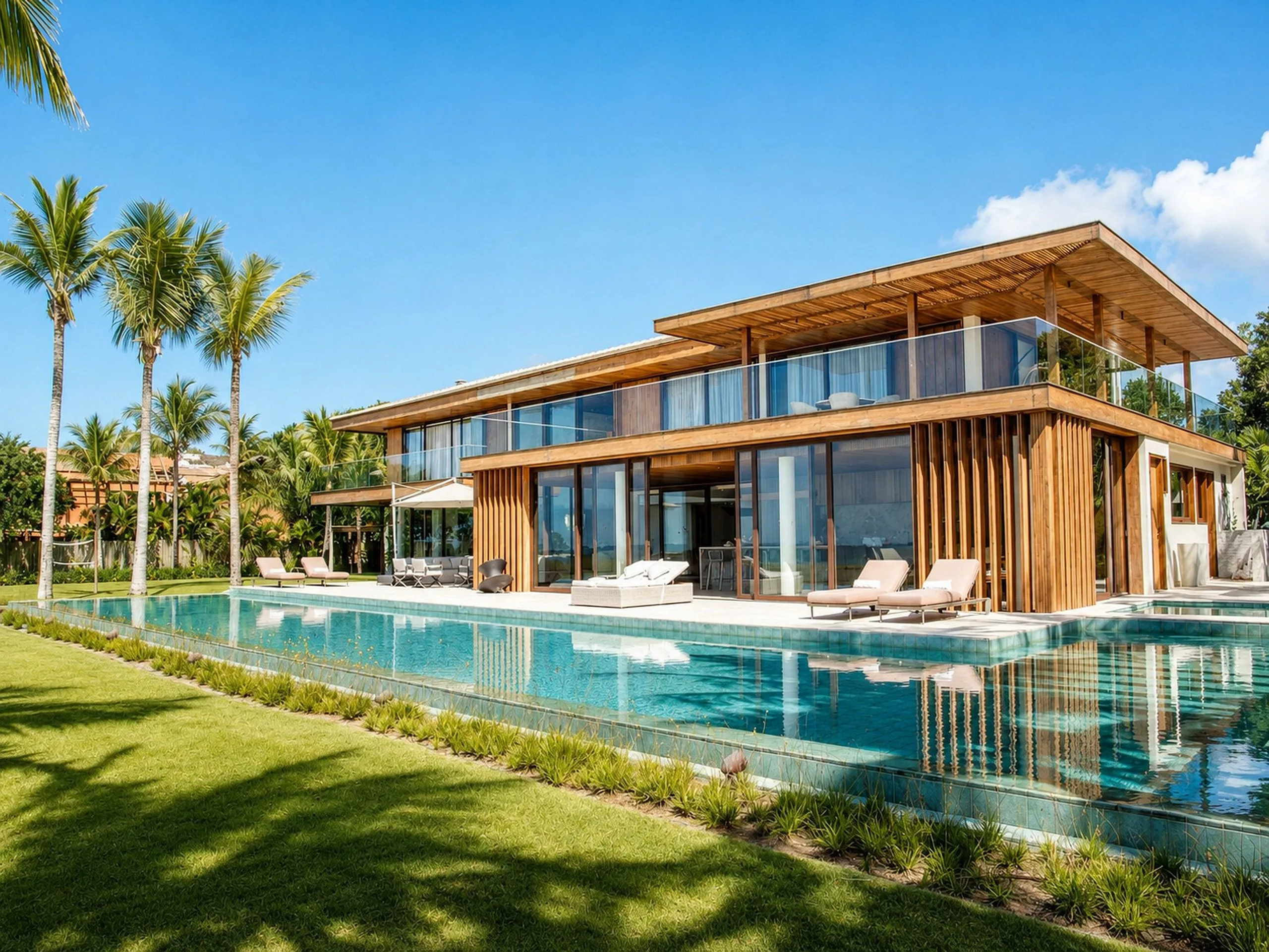 Casa contemporânea com piscina e coqueiros, Trancoso, Bahia
