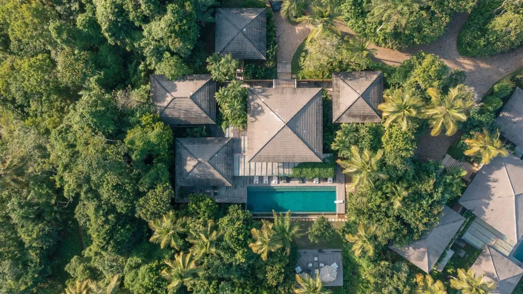 Symmetrical roofs in the forest, seen from above, Itacaré, Bahia